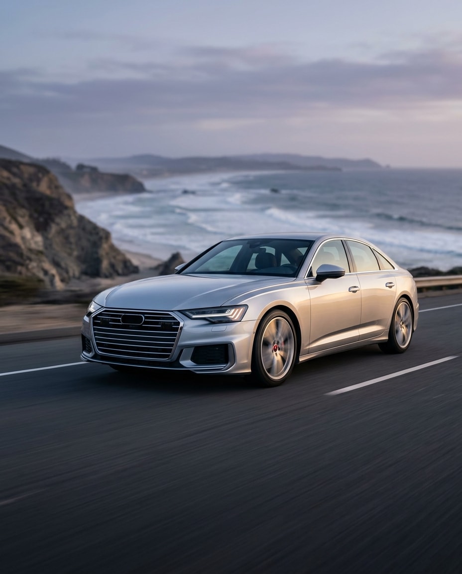 A modern car on an open coastal road