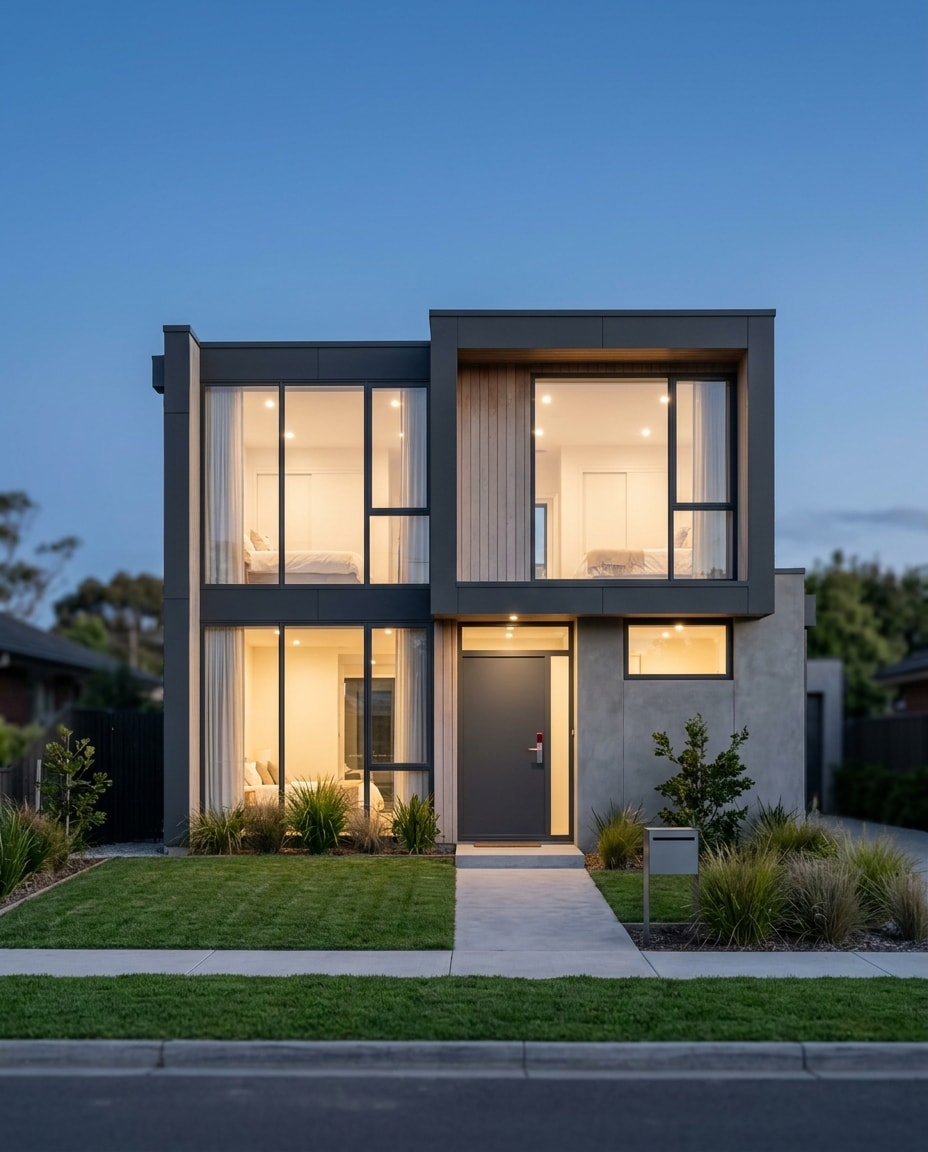 A modern family home at dusk with warm windows