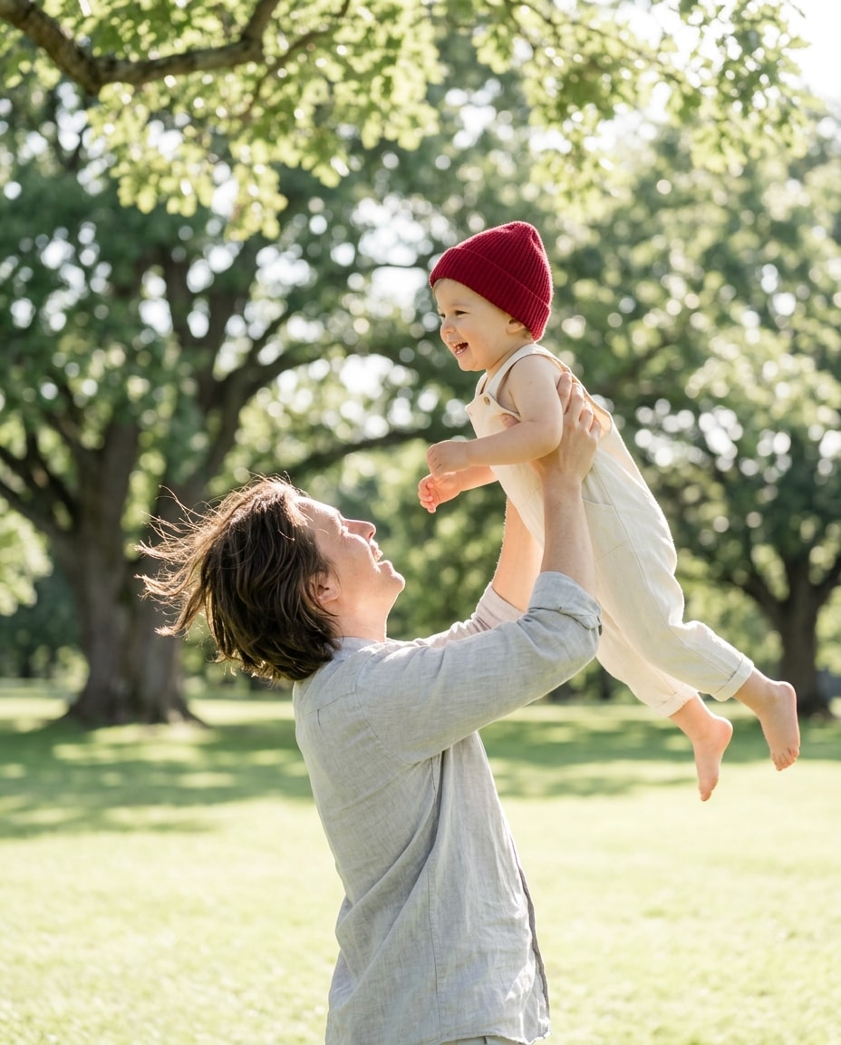 A parent lifting a laughing child in a sunny park