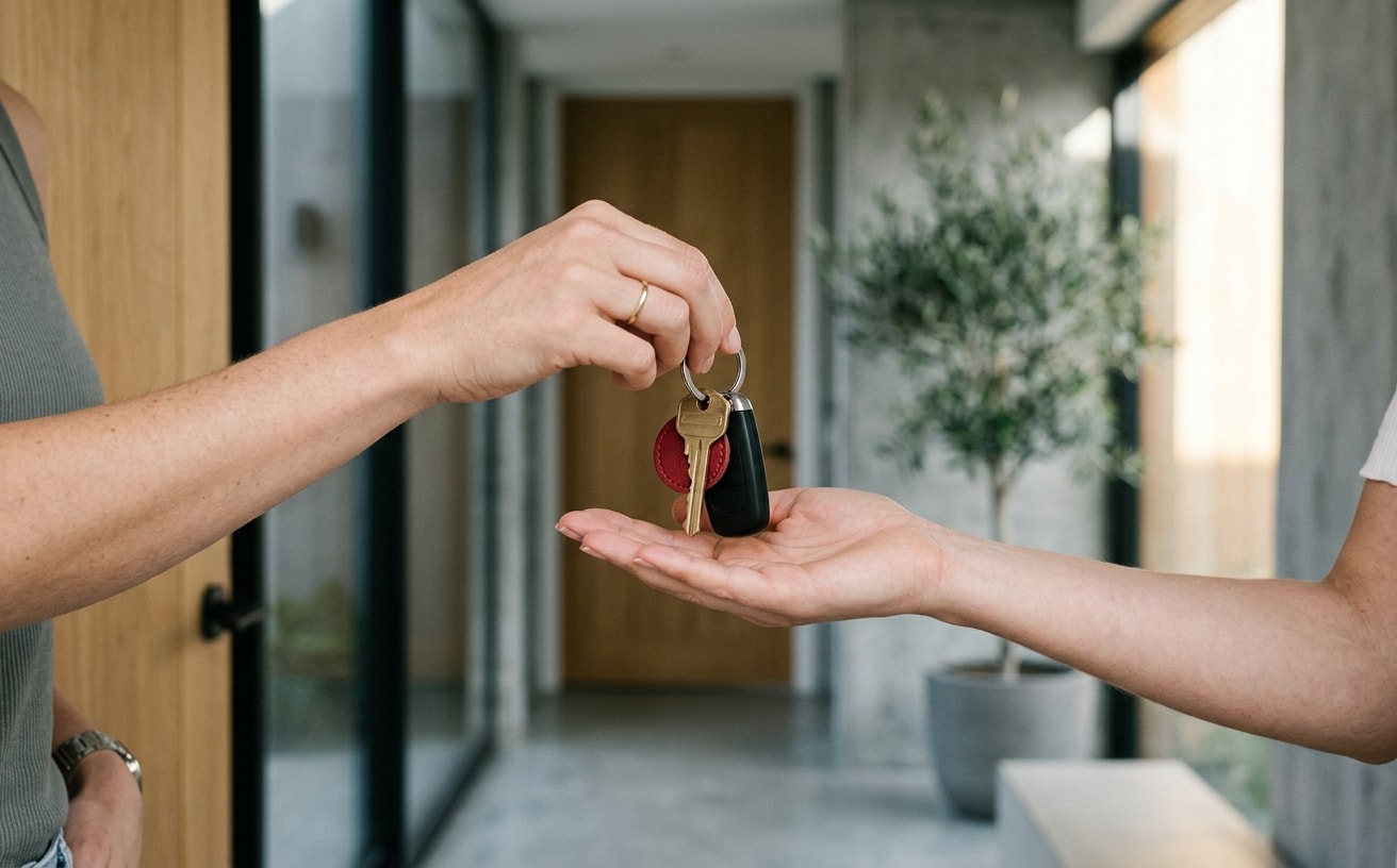 Keys handed over in front of a new home