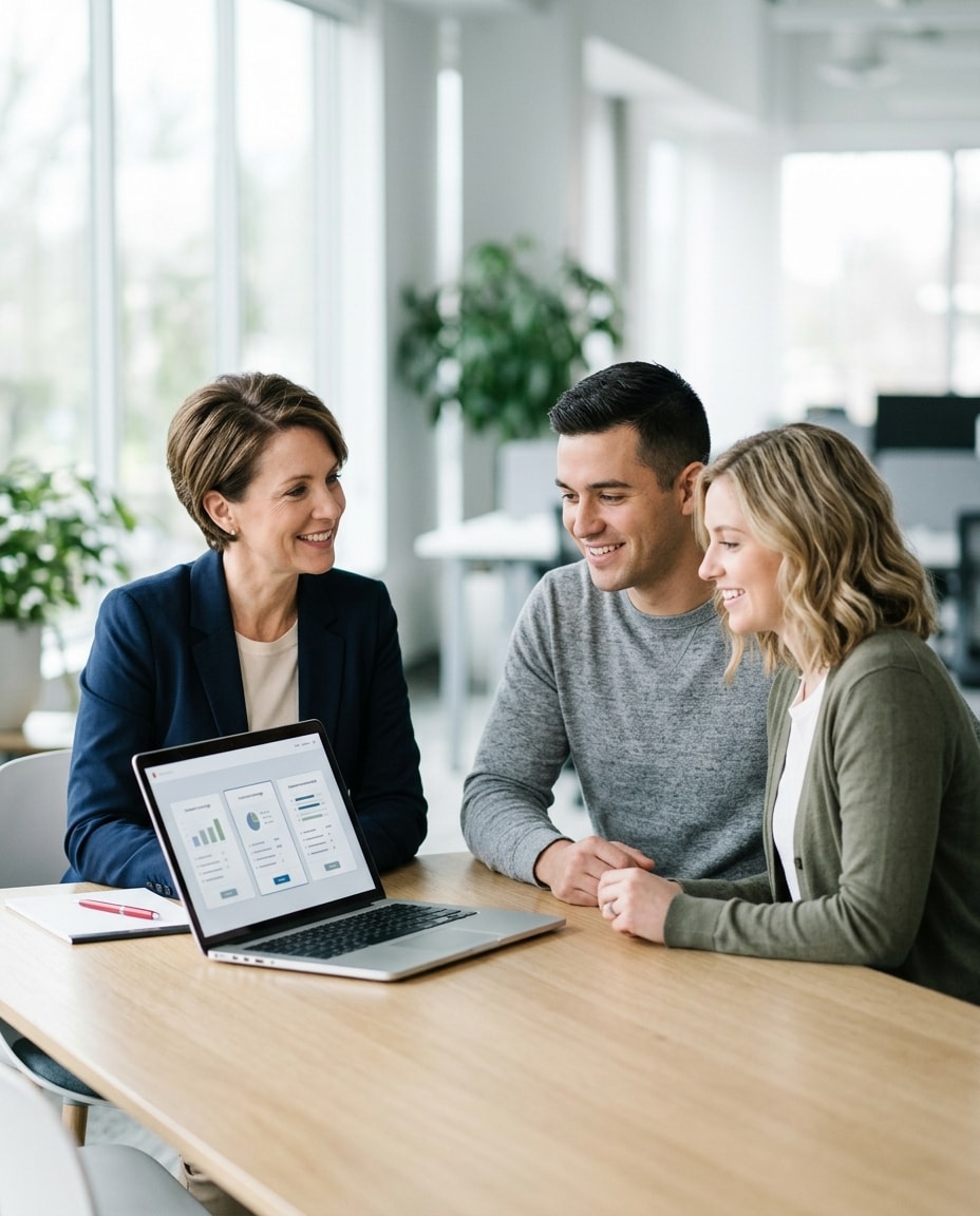 An agent and a couple reviewing insurance options together at a bright table