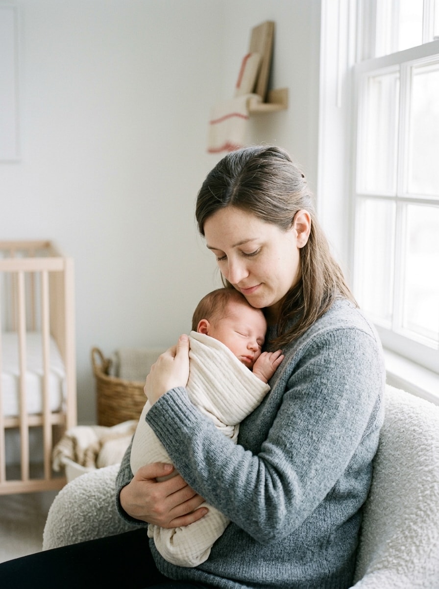 A parent holding a newborn by a window