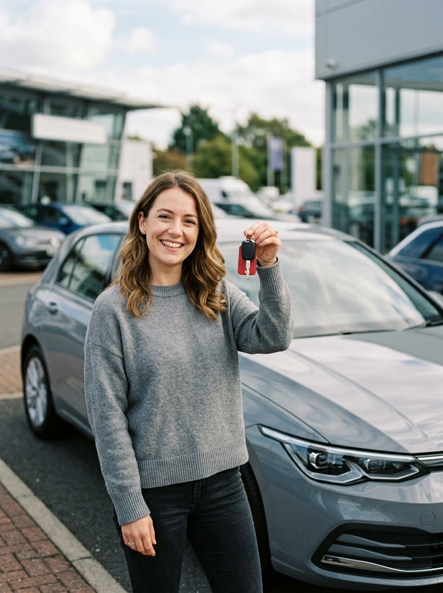 A new car owner holding keys beside their car