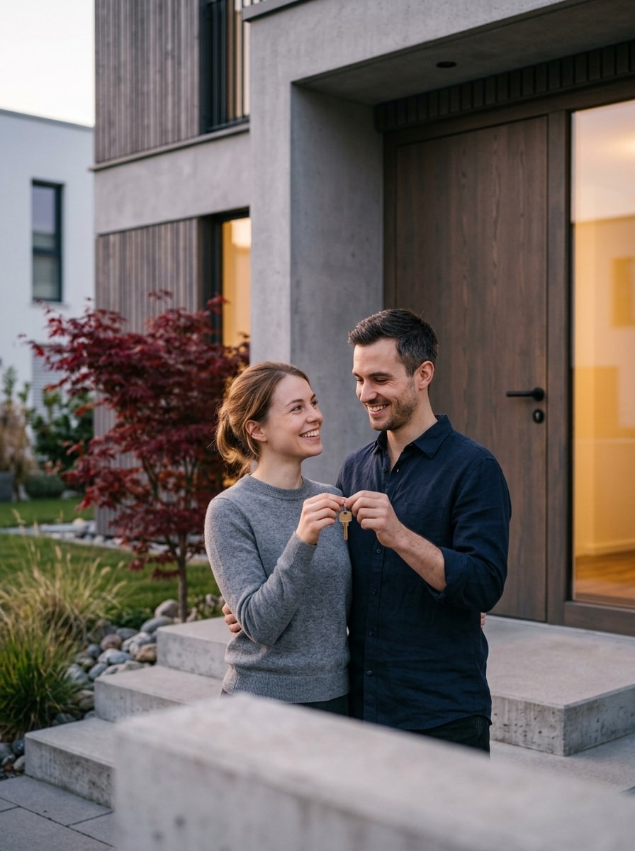 A couple standing in front of their new house