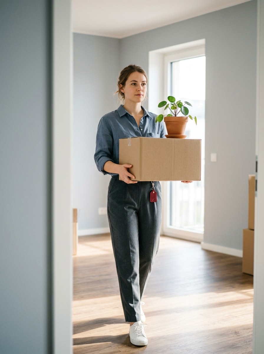 A young renter carrying a box into a bright apartment