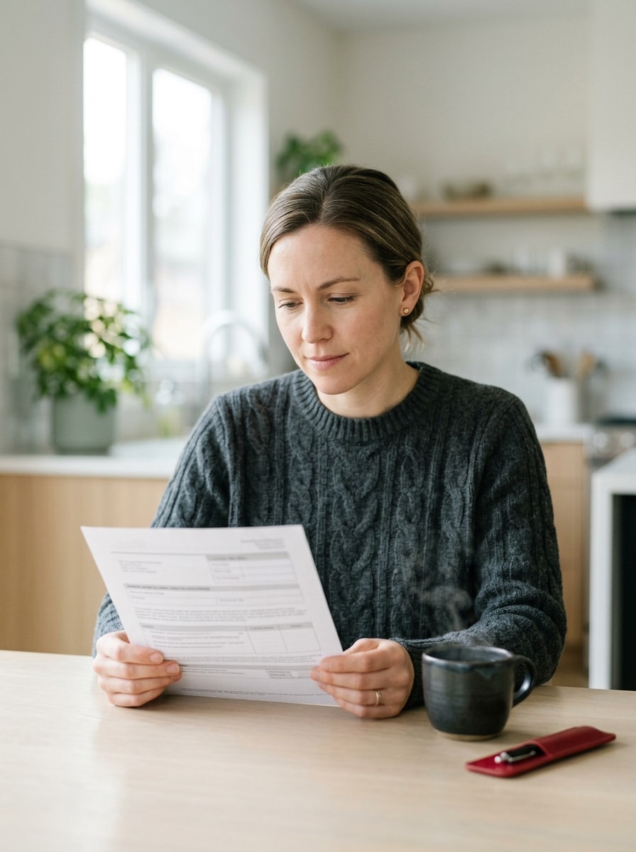 A person reading a renewal letter at the kitchen table