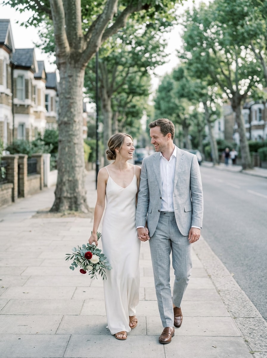 A newly married couple walking hand in hand