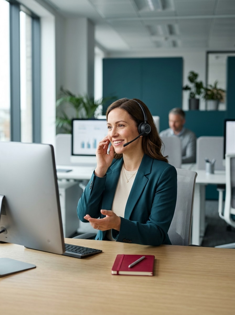 A ChaCha agent smiling while on a phone call
