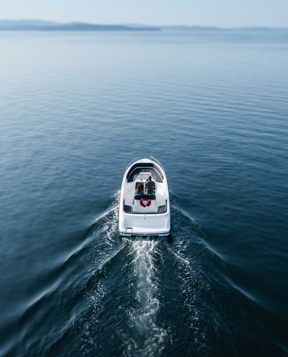 A small motorboat on calm blue water