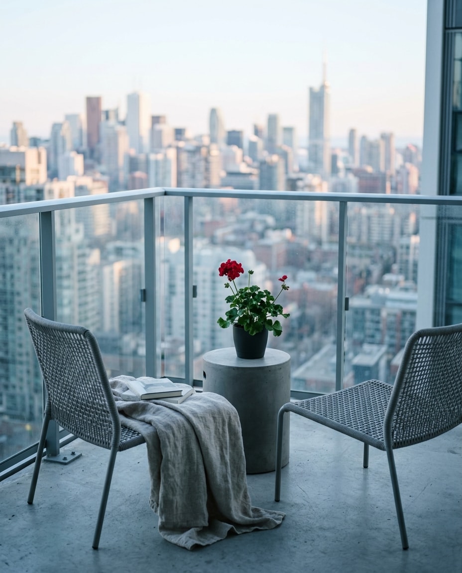 A condo balcony overlooking a city skyline