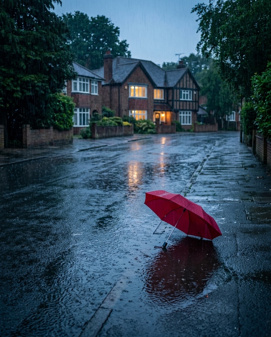 Rain falling on a residential street