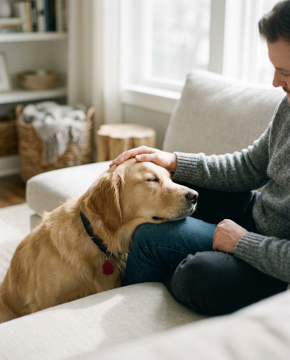 A happy dog resting beside its owner at home