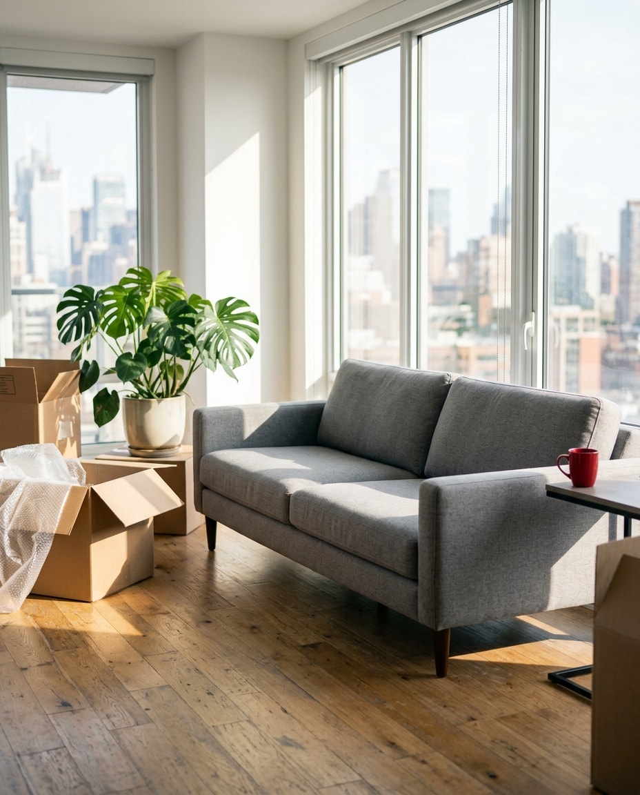 A bright apartment living room with moving boxes