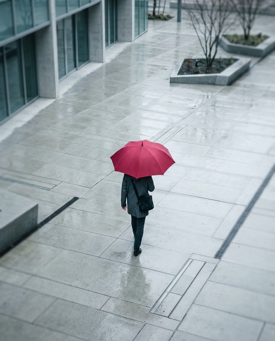 A single red umbrella in the rain